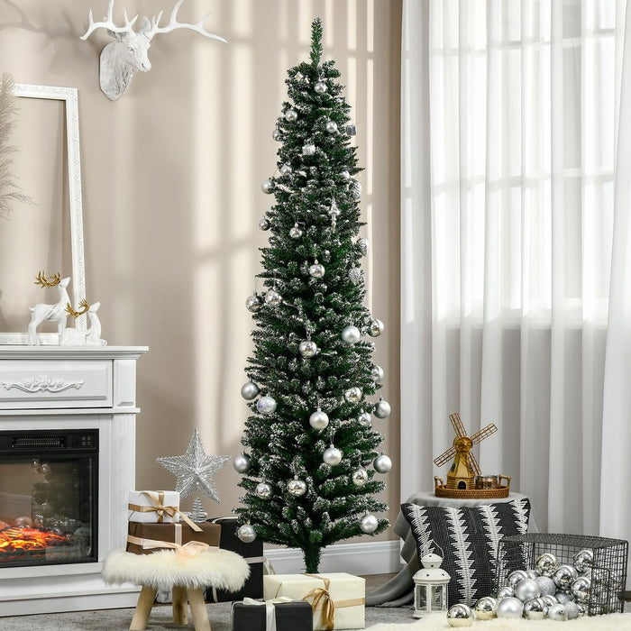 6.5FT Artificial Snow Dipped Christmas Tree Pencil Foldable Black Stand Green