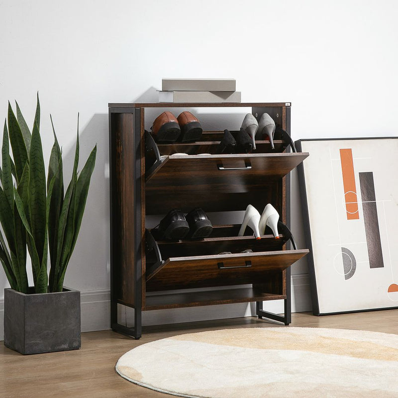 HOMCOM Rustic Brown Shoe Cabinet - 2 Flip Door, Divider, Entryway