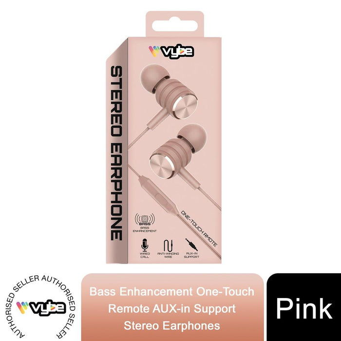 Vybe Bass Enhancer Earphones - One-Touch Remote, AUX-in, Stereo - Pink