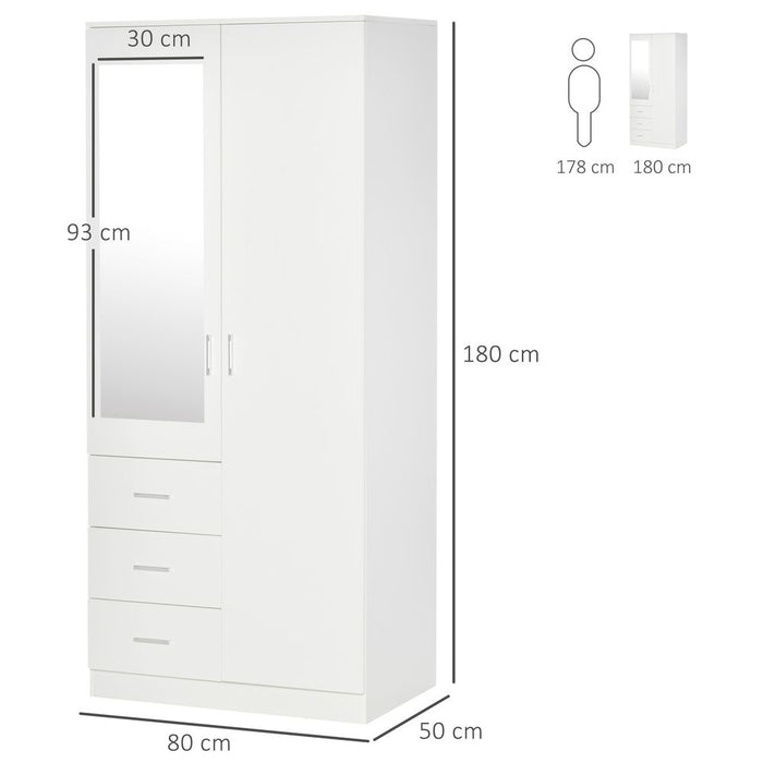 2-Door Wardrobe w/ Adjustable Shelf 3 Drawers for Bedroom, 180cm, White