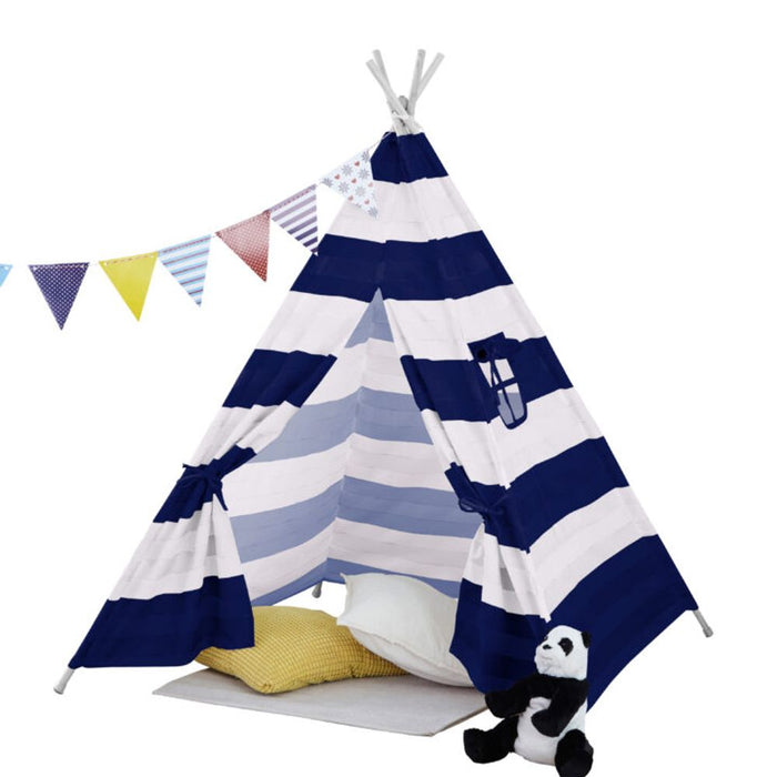 Premium Neo Navy & White Stripe Kids Teepee - Quality Canvas Indian Tent for Hours of Fun