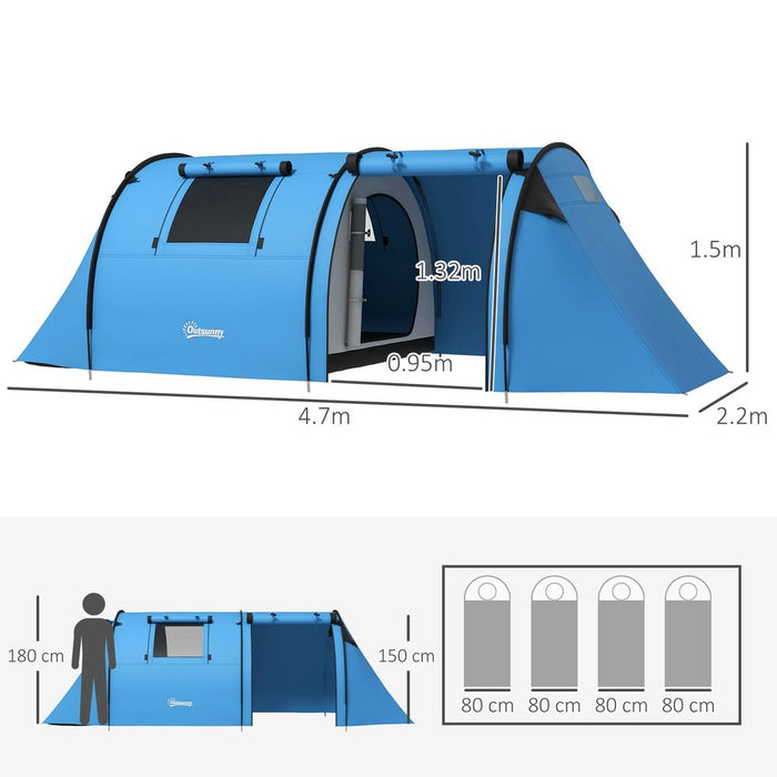 Outsunny 2 Room Camping Family Tent - 3-4 Man, 3000mm Waterproof, Spacious, Lightweight - Sky Blue