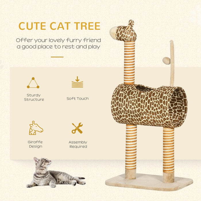 PawHut Cat Tree for Indoor Cats Cute Giraffe Kitten Play Tower w/Scratching Posts, Tunnel, Toy Ball, 48.5 x 34.5 x 101cm - Beige