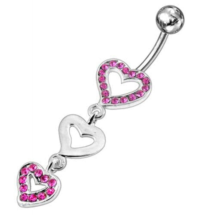 Triple Jeweled Heart Silver Dangling SS Navel Banana Ring