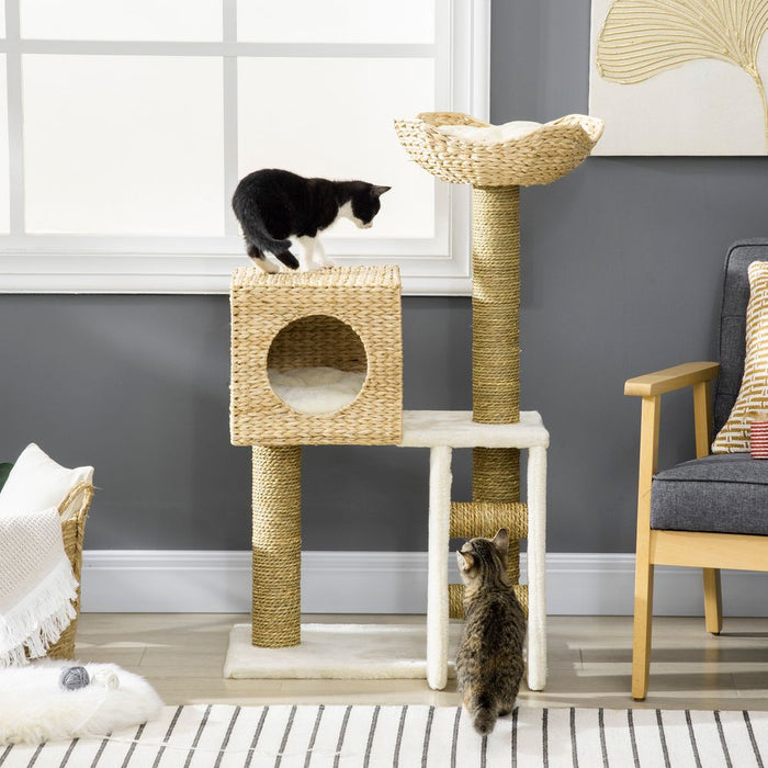 PawHut Cat Tree Kitten Tower - Cattail Weave, Scratching Posts, Bed, House