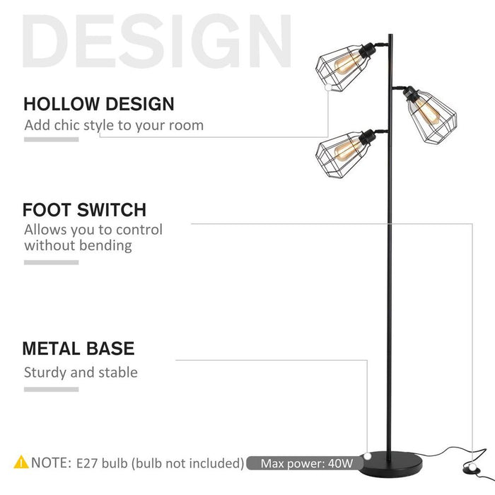 Premium Industrial Steel Birdcage Floor Lamp | 3 Lights | Round Base | Black