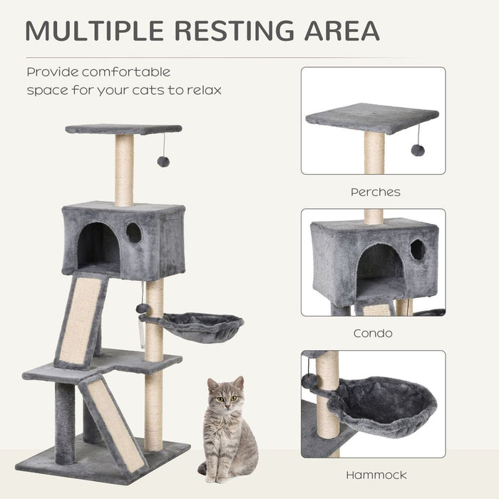 PawHut 130cm Cat Tree for Indoor Cats Activity Center with Condo Scratching Post Ladders Kitty Climbing Tower Relaxing Playing