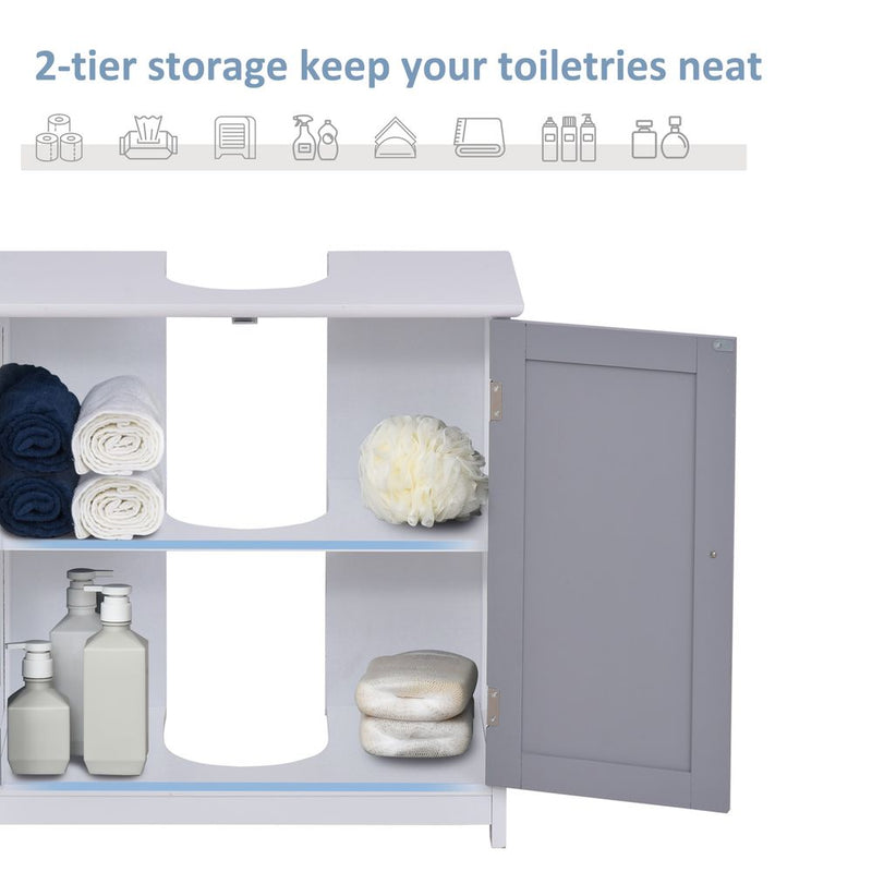 kleankin 60x60cm Under-Sink Storage Cabinet w/Adjustable Shelf Handles Drain Hole Bathroom Cabinet Space Saver Organizer White and Grey