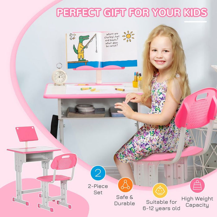 Kids Desk and Chair Set w/ Drawer, Book Stand, Cup Holder, Pen Slot, Pink