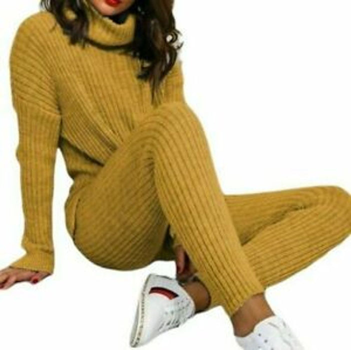 Ladies Chunky Knitted Ribbed Polo High Neck Top Leggings Loungewear Suit Set