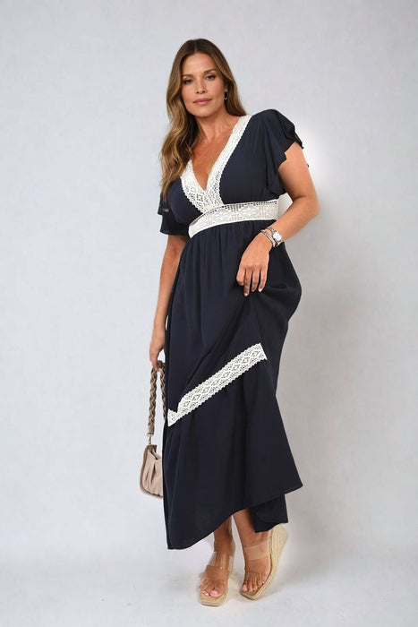 Timeless Elegance: V-neck Lace Trim Maxi Dress