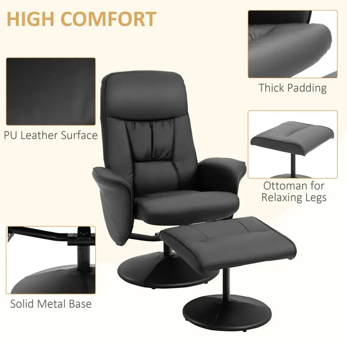 2 Pcs Reclining Armchair Ottoman 360 Swivel Home Furniture PU Leather Black