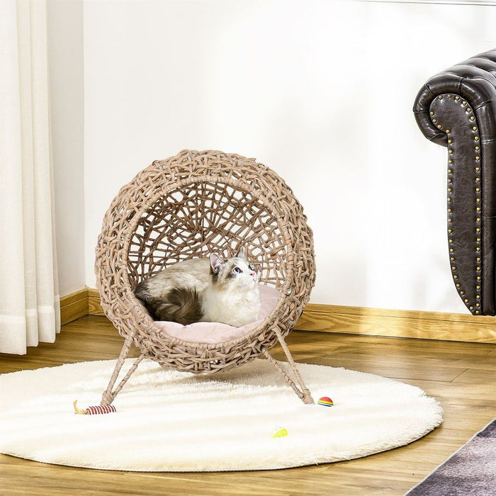 Wicker Cat House, Ball-Shaped Rattan Raised Cat Bed - Natural Wood Finish