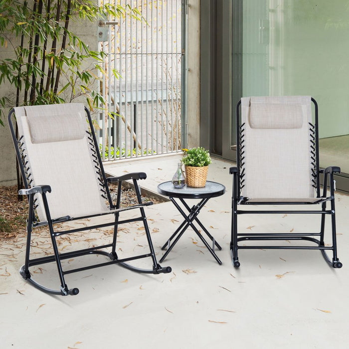 3 Piece Rocking Bistro Set, 2 Folding Chairs & 1 Tempered Glass Table, Beige