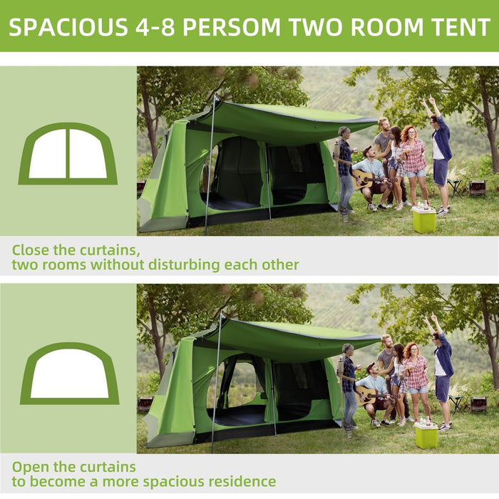 Outsunny Two Room Dome Tent w/Porch for 4-8 Man, Camping Backpacking Shelter w/Mesh Windows, Zipped Doors, Lamp Hook & Portable Carry Bag