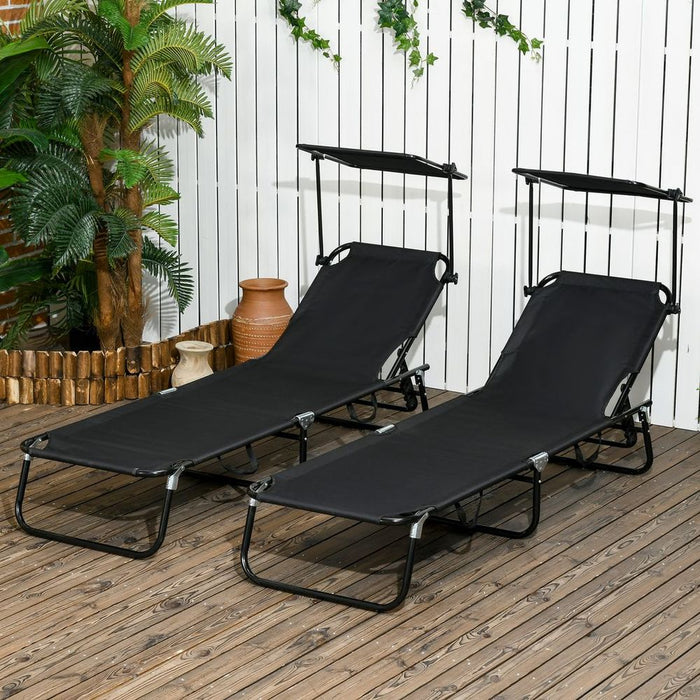 Outsunny Folding Sun Loungers - 2 Pack, Adjustable Backrest, Sunshade, Black