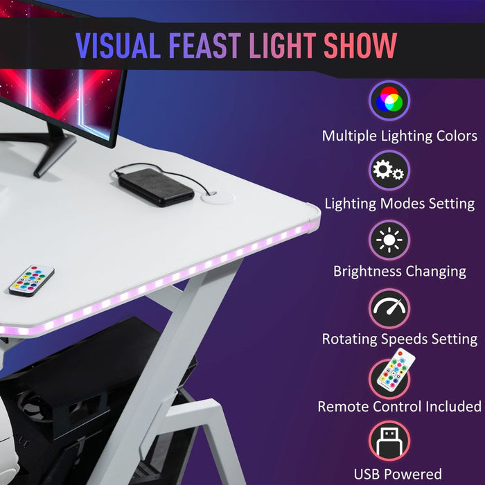 Premium Gaming Desk: Racing Style, RGB LED Lights, Hook, White