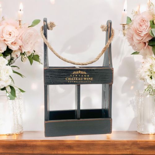 39CM BLACK WOODEN 2 BOTTLE WINE HOLDER