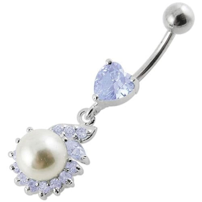 Jeweled Heart Pearl Dangling Navel Ring