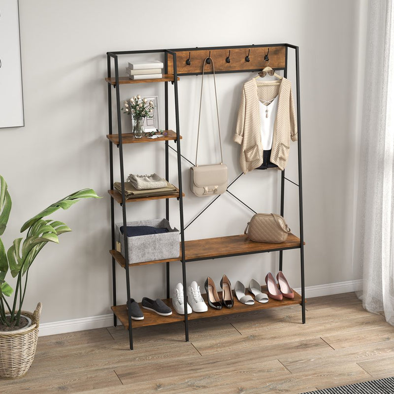 HOMCOM Coat Rack, Coat Stand with Shoe Storage, 5 Hooks for Hallway, Brown