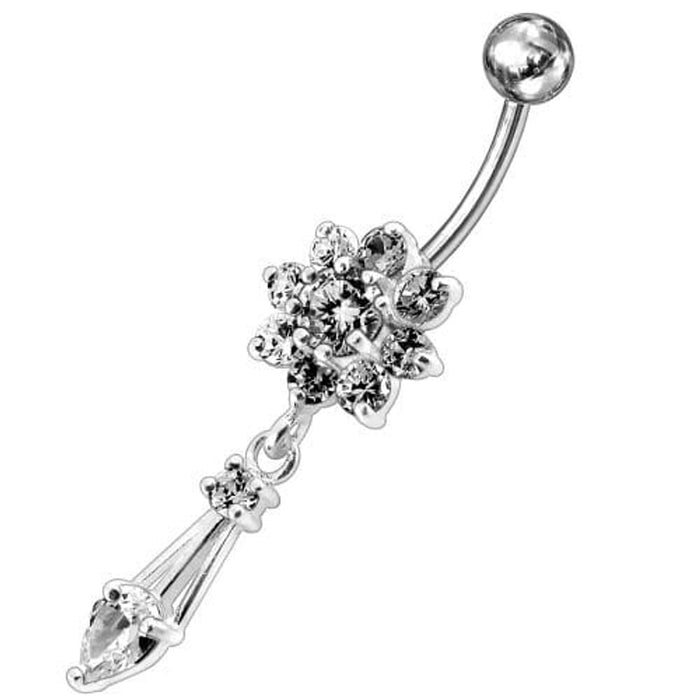 Jeweled Fancy Flower Dangling SS Banana Bar Navel Ring