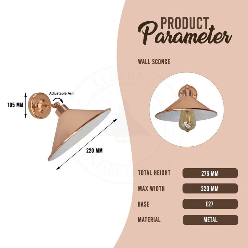 Vintage Industrial Rose Gold Retro Wall Light - Sturdy Metal Lamp Shade, Classic Style, E27, Electroplated Finish