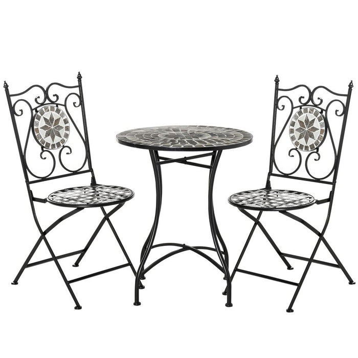 Premium Metal Mosaic Tile Bistro Set - 3 Pc Folding Chairs - Outdoor Garden Furniture