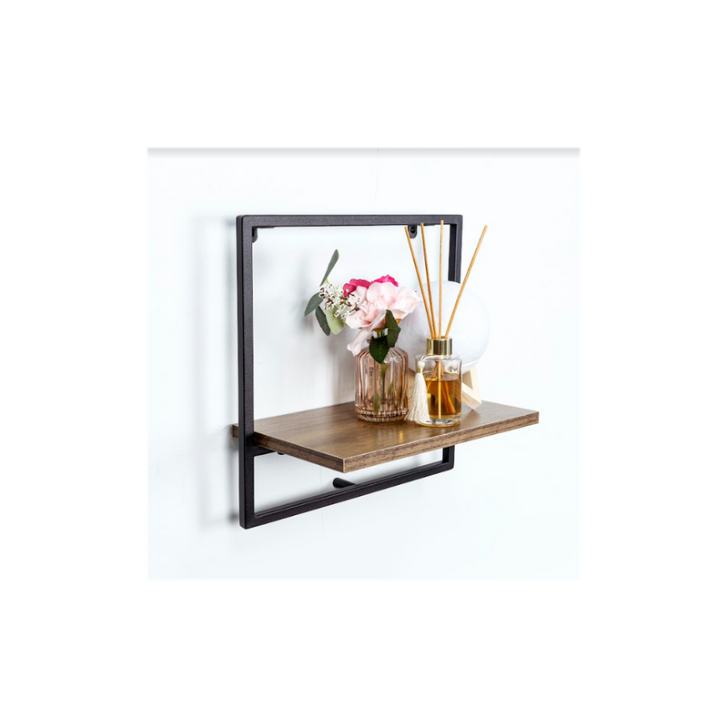 High-Quality Dark Oak Wall Shelf - 1 Tier with Black Metal Frame - PARGI