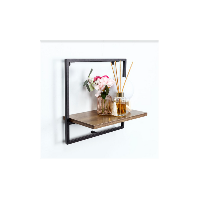 High-Quality Dark Oak Wall Shelf - 1 Tier with Black Metal Frame - PARGI