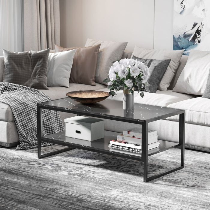 Two-Tier Laminate Marble Print Coffee Table Metal Frame Elegant Style