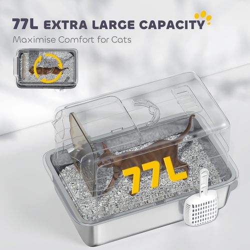 PawHut Stainless Steel Cat Litter Box with Removable Lid & Scoop, White