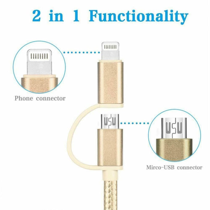 FX Powabud Nylon Braided USB Cable | 2 in 1 Dual Lightning Connector Cord | Gold