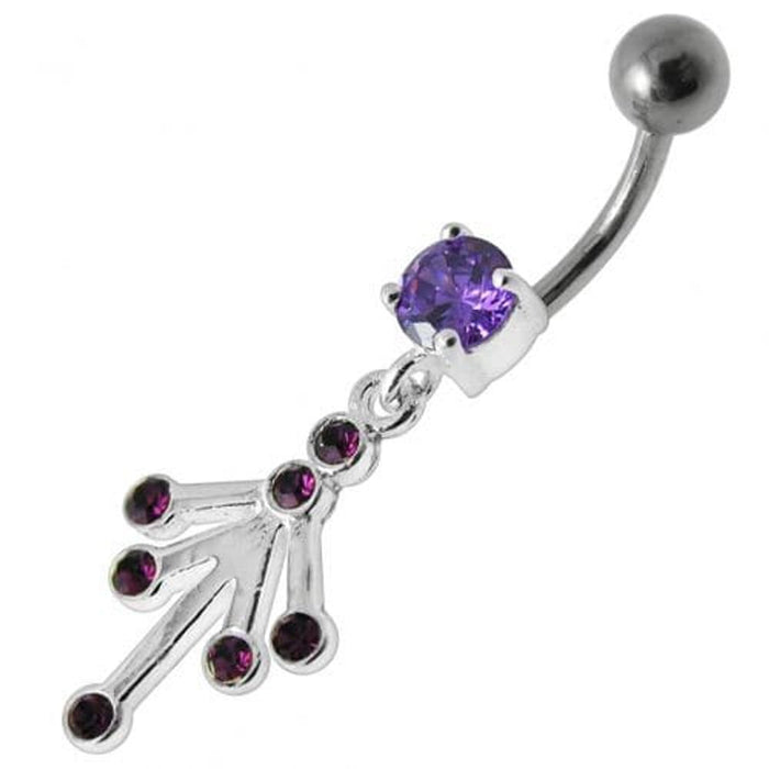 Fancy Jeweled Silver Dangling With Curved Bar Belly Ring Body Jewelry