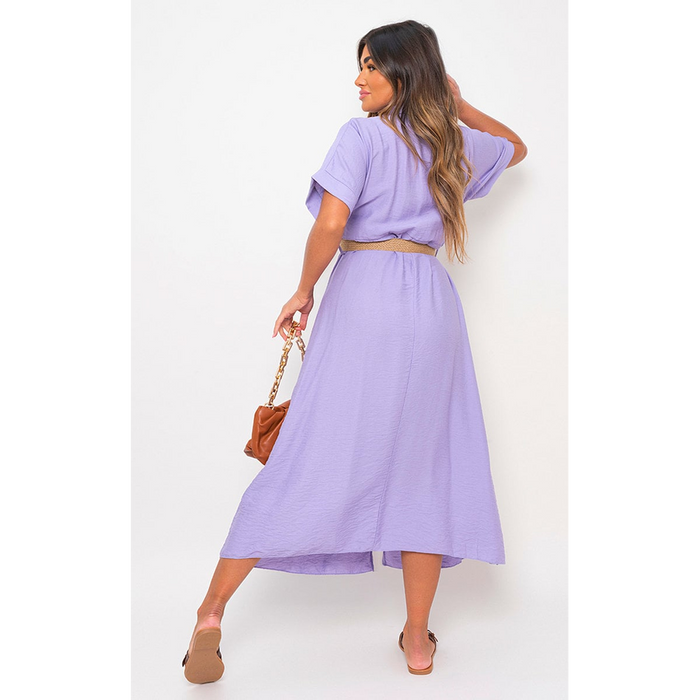 Syeda Button Down Collared Dress: Chic & Fashion-Forward Midi with Belt Detail