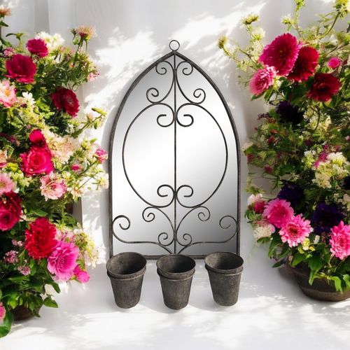 73CM RUSTY WALL MIRROR WITH TRIPLE PLANTER