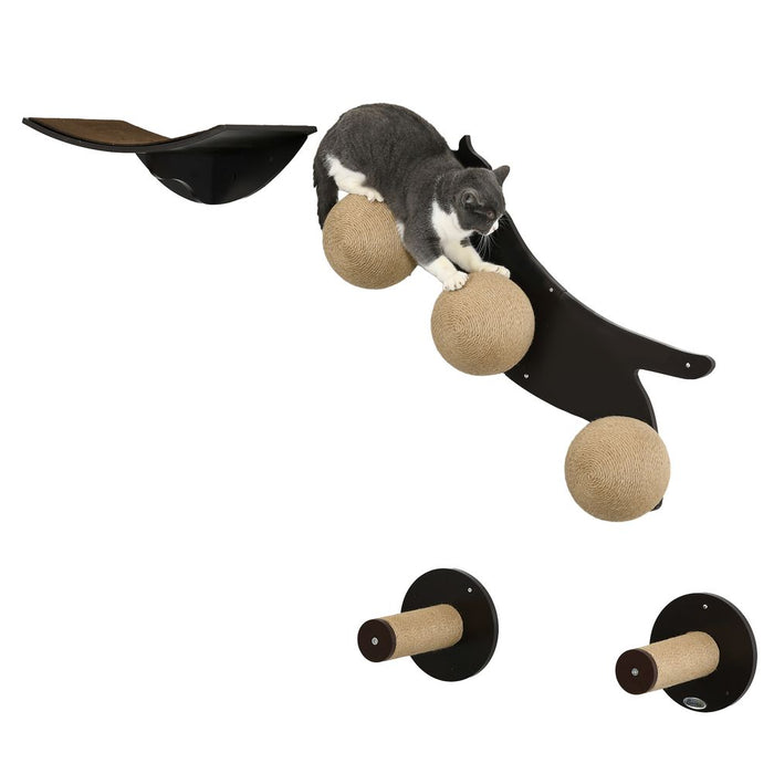 Deluxe Cat Shelf Set: Curved Platforms, Scratching Posts - Brown