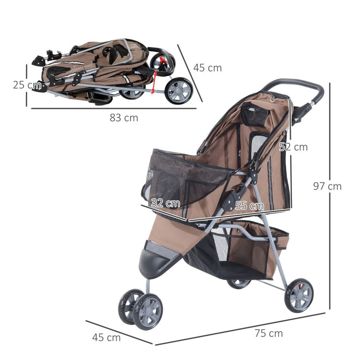 3-Wheel Pet Stroller Pushchair for Cat Puppy, Brown - High Quality, Convenient Carrier for Travel & Walks