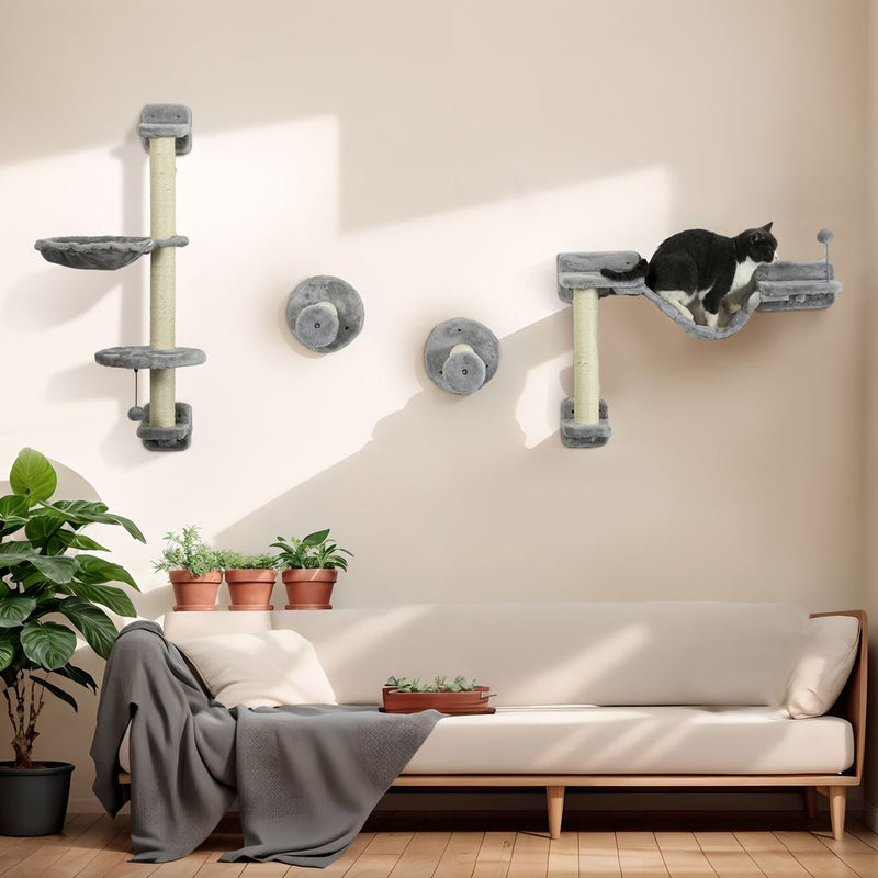 PawHut Cat Wall Furniture, Hammock, Perches, Ladder, Scratching Post, Grey