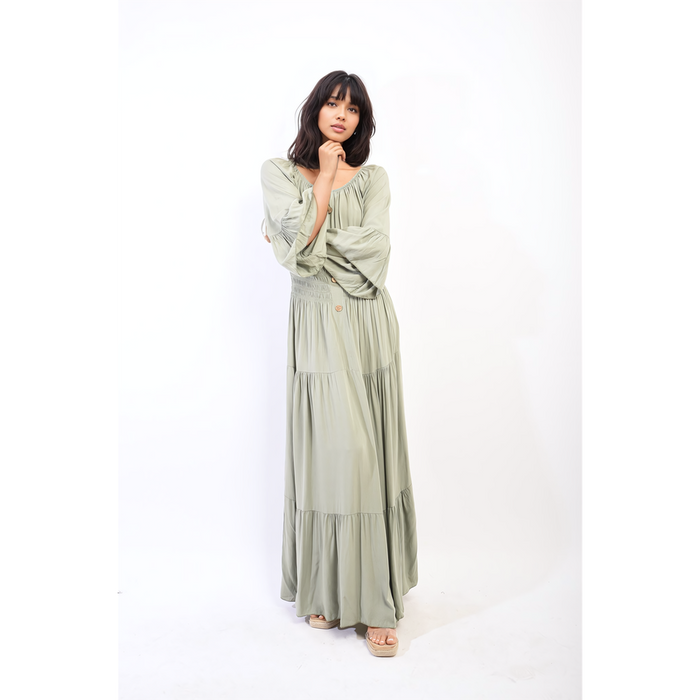 Leah Ruffle Hem Sleeve Shirred Waist Tiered Maxi Dress