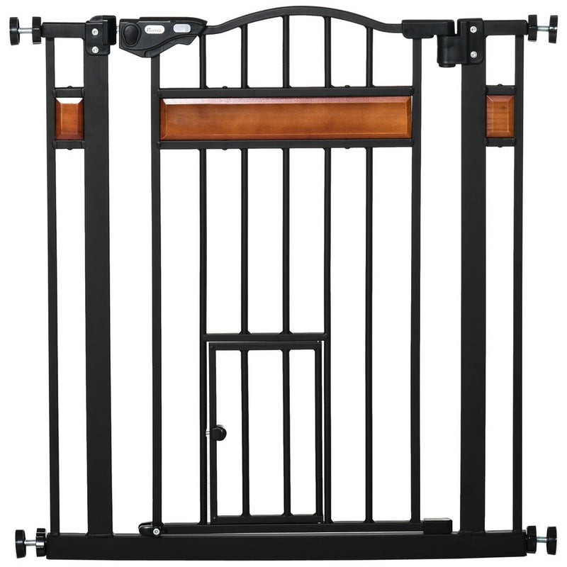 PawHut Dog Gate Pet Safety Gate W/ Cat Door Auto Close Pine Decor 74-80 centimeters Wide