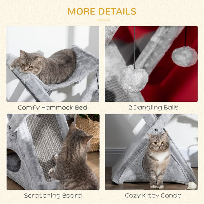 PawHut Two Tier Cat Tree for Indoor Cats Play Rest Activity Tower Plush Folding Relax Center w/Scratching Post Hammock Pom Poms Grey