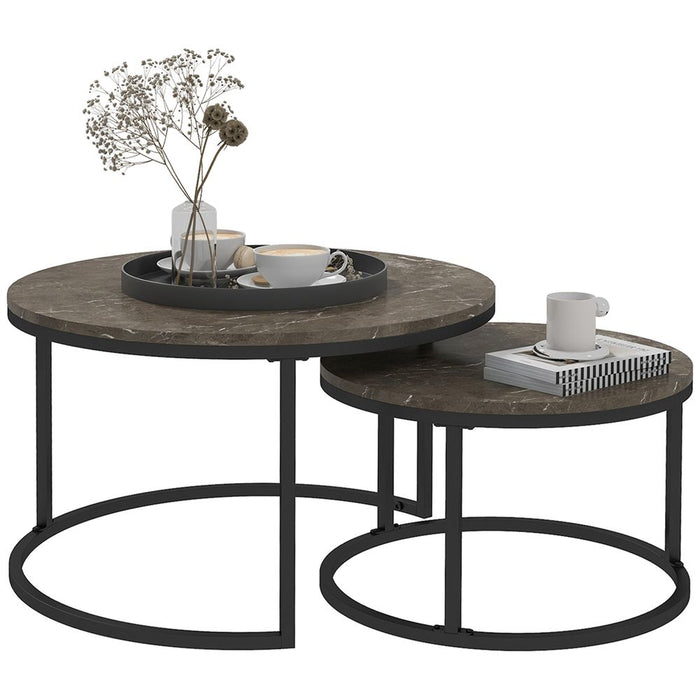 Premium HOMCOM 2-Pc Stacking Coffee Table Set: Steel Frame, Marble-Effect, Foot Pads