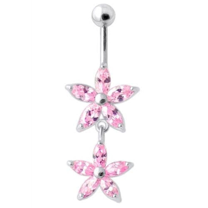 Jeweled Multi Flower Silver Dangling Belly Button Ring