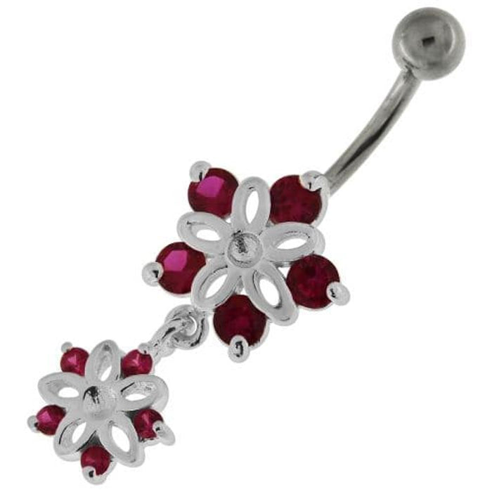 Jeweled Twin Flowers Sterling Silver Belly Button Ring