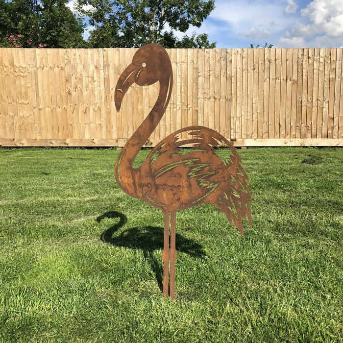 Rusty Metal FLAMINGO Garden Ornament Statue - Unique Lawn Feature, Perfect for Home & Outdoor Decor