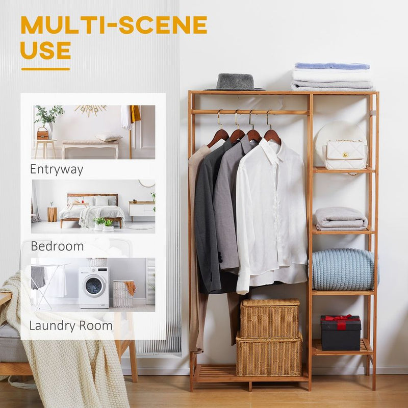 Bamboo Clothes Rail Garment Rack - High Quality 6 Tier Shelf Hanging Rod for Organized Storage