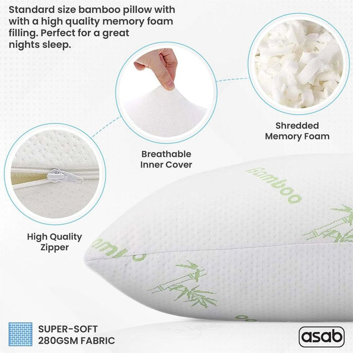 Bamboo Memory Foam Pillow - Pack of 2, Hypoallergenic, Thermal Regulation. Best Quality, Relieves Head & Neck Pain. AS-61478