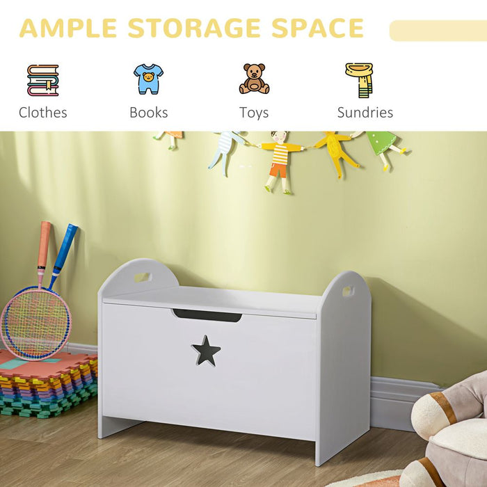 HOMCOM Kids Wooden Toy Box Organizer Children's Toy Storage with Lid Safety Hinge Side Handle Playroom Furniture White