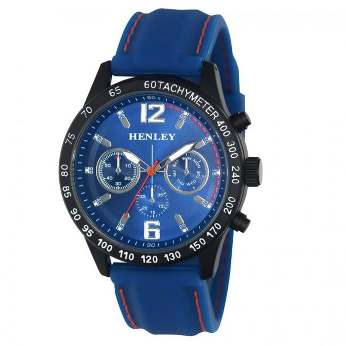 Premium Quality Henley Mens Sports Watch | Multi Eye Black Dial | Blue Silicone Strap | H02217.6