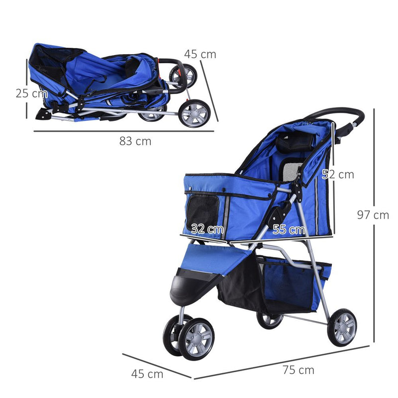 PawHut Pet Travel Stroller Cat Dog Pushchair Trolley Puppy Jogger Carrier Three Wheels for Small Miniature Dogs (Blue)